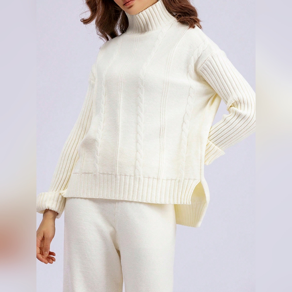 Cable Knit Long Sleeve Sweater & Knit Pants For Dailywear , 2 Piece S - Picture 2 of 5